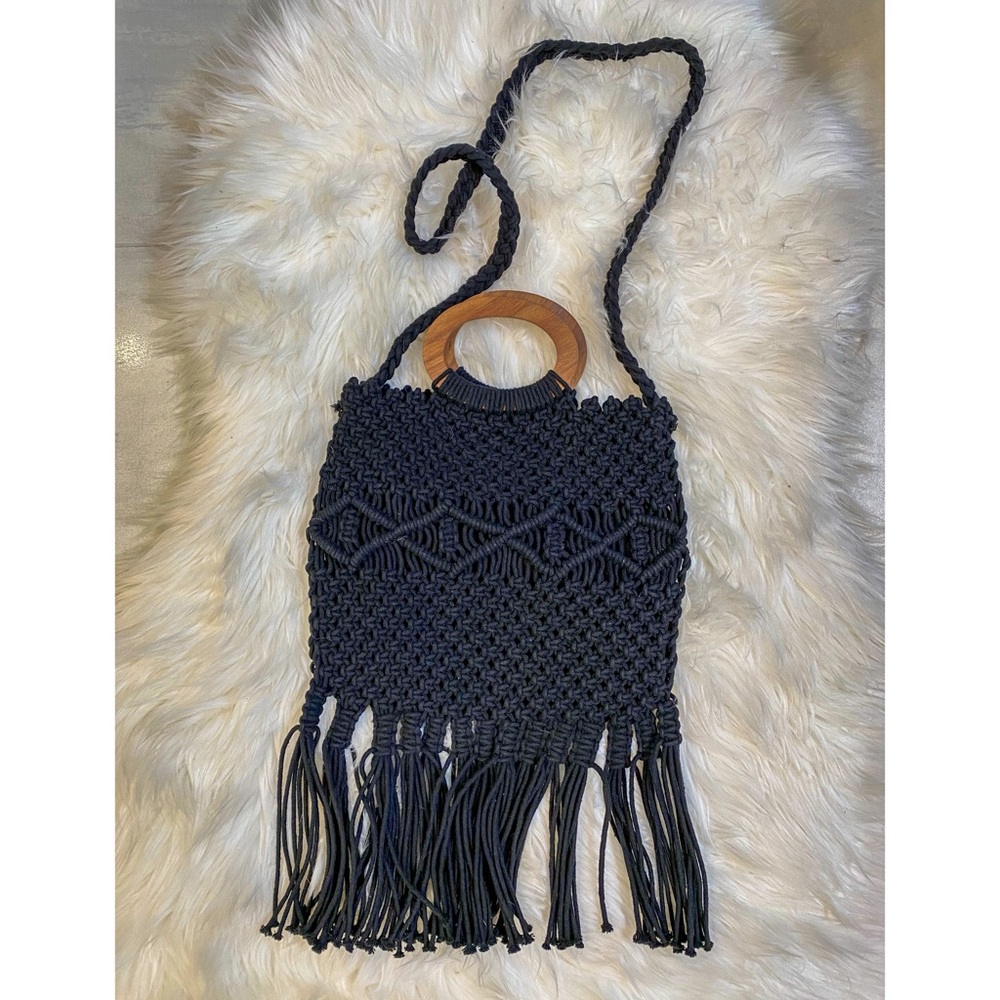 Danielle Nicole Black Macrame Satchel Fringe Fray… - image 1